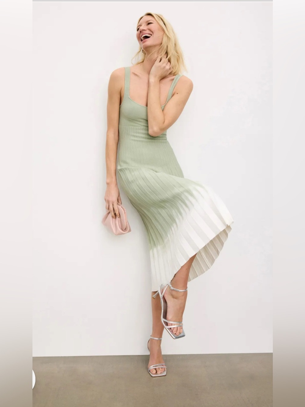 STAUD Tie Die Ellison Green Pleated Midi Dress Size Medium